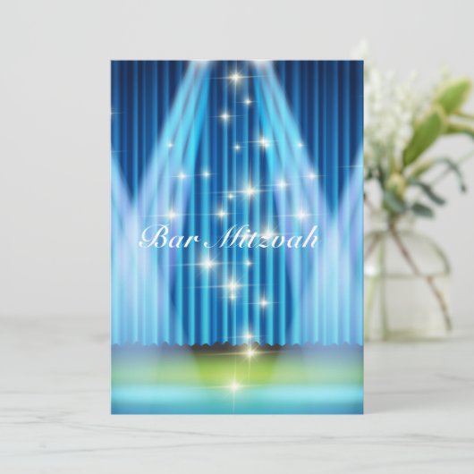 Bar Mitzvah uitnodiging, blauw verlicht podium Kaart (Staand voorkant)