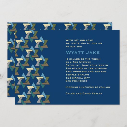 Bar Mitzvah Uitnodiging joodse sterren Blauw (Voorkant / Achterkant)