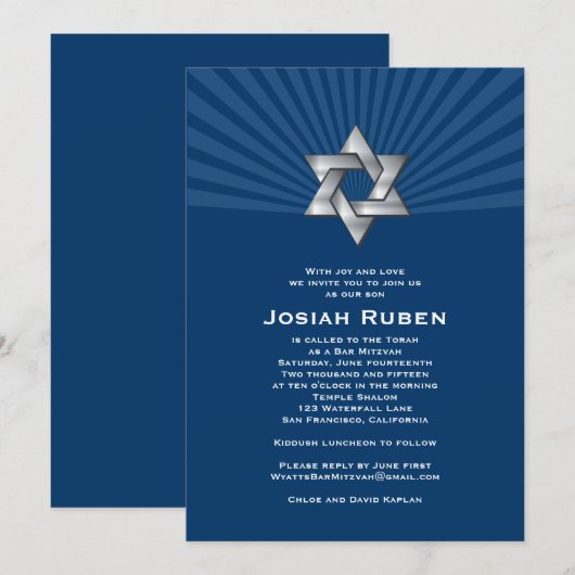 Bar Mitzvah Uitnodiging Josiah Silver Jewish Star (Voorkant / Achterkant)