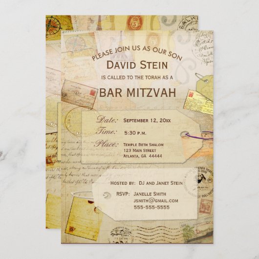 Bar Mitzvah Uitnodiging met een reisthema (Voorkant / Achterkant)