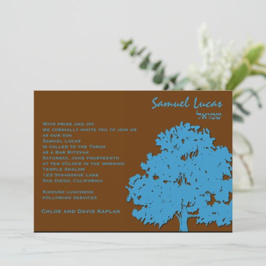 Bar Mitzvah Uitnodiging Samuel Lucas Blue Trees (Staand voorkant)
