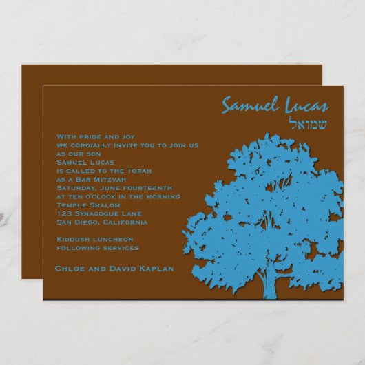 Bar Mitzvah Uitnodiging Samuel Lucas Blue Trees (Voorkant / Achterkant)