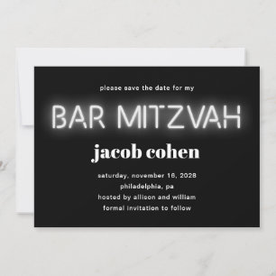 Bar Mitzvah White Neon licht de datum op Kaart