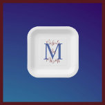 Bar Mitzvah Wit Blauw Bourgogne Naam Monogram Papieren Bordje<br><div class="desc">Wat een geweldig,  gepersonaliseerd papieren bord voor een joodse Bar Mitzvah Party Receptie. Achtergrond is wit,  monogram is blauw,  naam is bordeaux. Kies vierkant of rond. Alle rechten voorbehouden © 2024 Alan & Marcia Socolik.</div>