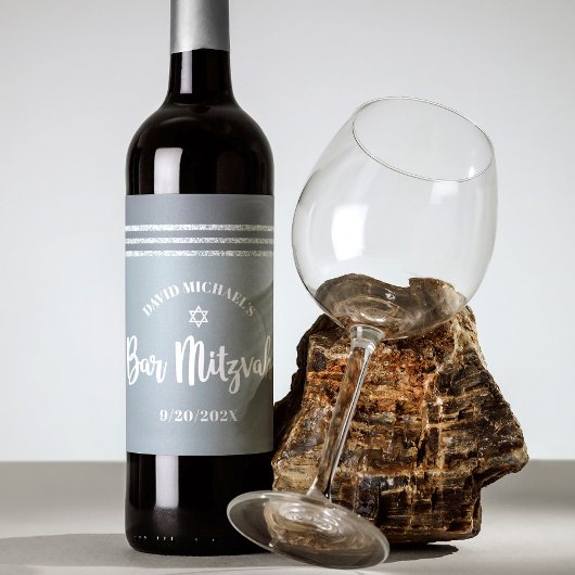 Bar Mitzvah Zilver Grijs Tallit Vet Script Modern Wijn Etiket