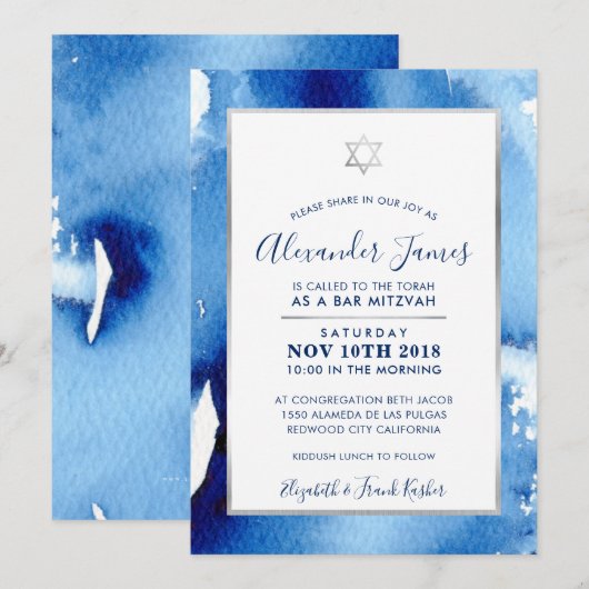 BAR MITZVAH zilveren ster blauw waterverf uitnodig Kaart (Voorkant / Achterkant)
