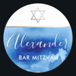 BAR MITZVAH zilveren ster blauw waterverf uitnodig Ronde Sticker<br><div class="desc">door kat massard >> WWW.SIMPLYSWEETPAPERIE.COM <<<<</div>