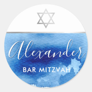 BAR MITZVAH zilveren ster blauw waterverf uitnodig Ronde Sticker