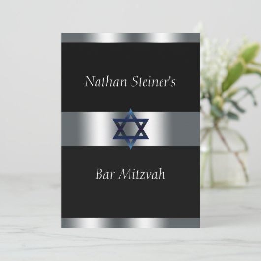 Bar Mitzvah, Zwart en Zilver, Elegante Uitnodiging (Staand voorkant)
