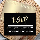 Bar Mitzvah Zwart Goud Folie Script Bold Entrée RSVP Kaartje<br><div class="desc">Wees trots, verheug je en laat deze mijlpaal van je favoriete Bar Mitzvah zien! Neem deze prachtige, moderne, gepersonaliseerde RSVP-wisselkaart voor uw evenement op. Graphic faux gold folie kalligrafie script bedekt een rijke, dramatische, zwarte achtergrond. Personaliseer de aangepaste tekst met de "antwoorddatum". Personaliseer de aangepaste tekst met de "antwoorddatum" en...</div>