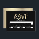Bar Mitzvah Zwart Goud Folie Script Bold Entrée RSVP Kaartje<br><div class="desc">Wees trots, verheug je en laat deze mijlpaal van je favoriete Bar Mitzvah zien! Neem deze prachtige, moderne, gepersonaliseerde RSVP-wisselkaart voor uw evenement op. Graphic faux gold folie kalligrafie script bedekt een rijke, dramatische, zwarte achtergrond. Personaliseer de aangepaste tekst met de "antwoorddatum". Personaliseer de aangepaste tekst met de "antwoorddatum" en...</div>