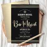 Bar Mitzvah Zwart Goud Folie Script Hebreeuws Naam Kaart<br><div class="desc">Wees trots, verheug je en laat deze mijlpaal van je favoriete Bar Mitzvah zien! Stuur deze verbluffende, moderne, geavanceerde, gepersonaliseerde Hebreeuwse naamuitnodiging voor een evenement om te onthouden. Graphic faux gold folie kalligrafie script, Star of David, en hand getekende tallit lijnen, bedekken een rijke, dramatische, zwarte achtergrond. Een faux gouden...</div>