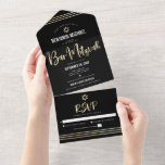 Bar Mitzvah Zwart Goud Folie Script Tallit Modern All In One Uitnodiging<br><div class="desc">Wees trots, verheug je en laat deze mijlpaal van je favoriete Bar Mitswa zien! Stuur deze prachtige, moderne, aangepaste all-in-one uitnodiging voor een evenement om te onthouden. Grafische faux gouden folie kalligrafie script, Star of David, en met de hand getekende tallit lijnen bedekken een rijke, dramatische, zwarte achtergrond. Dit alles-in-één...</div>