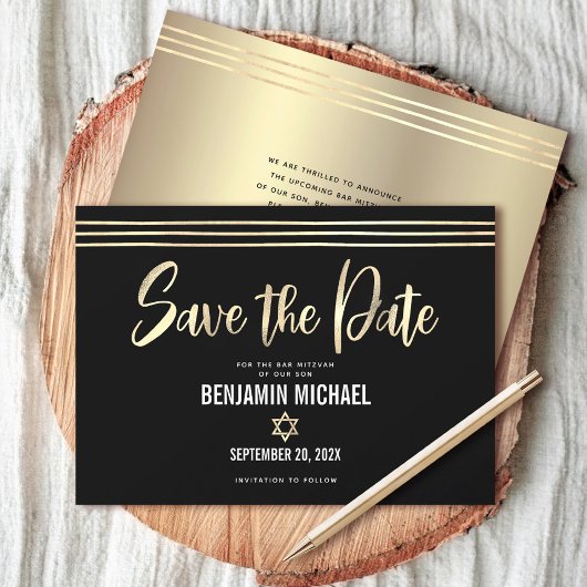 Bar Mitzvah Zwart Goud Folie Script Tallit Modern Save The Date