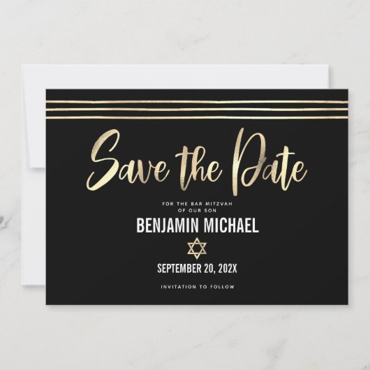 Bar Mitzvah Zwart Goud Folie Script Tallit Modern Save The Date (Voorkant)