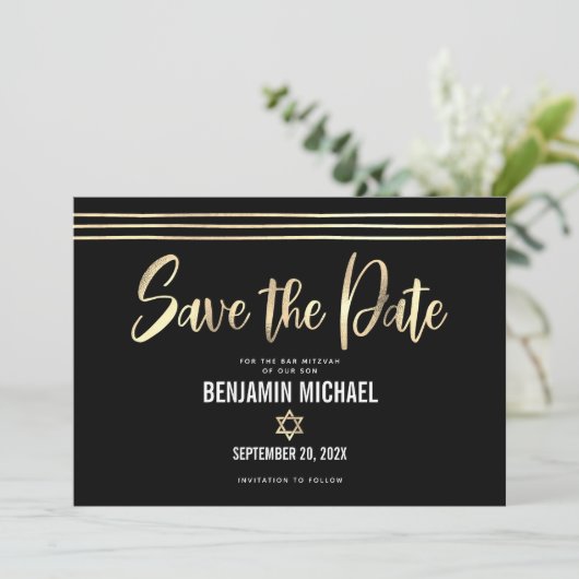 Bar Mitzvah Zwart Goud Folie Script Tallit Modern Save The Date (Staand voorkant)