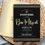 Bar Mitzvah Zwart Goud Folie Script Vet Modern Kaart<br><div class="desc">Wees trots, verheug je en laat deze mijlpaal van je favoriete Bar Mitzvah zien! Stuur deze prachtige, moderne, geavanceerde, gepersonaliseerde uitnodiging voor een evenement om te onthouden. Graphic faux gold folie kalligrafie script, Star of David, en hand getekende tallit lijnen, bedekken een rijke, dramatische, zwarte achtergrond. Een faux gouden ster...</div>