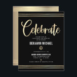 Bar Mitzvah Zwart Goud Folie Tallit Script Modern Informatiekaartje<br><div class="desc">Wees trots, verheug je en laat deze mijlpaal van je favoriete Bar Mitzvah zien! Voeg dit prachtige, moderne, gepersonaliseerde tussenvoegsel toe voor extra informatie aan uw gebeurtenis. Graphic faux gold folie kalligrafie script, Star of David, en hand getekende tallit lijnen bedekken een rijke, dramatische, zwarte achtergrond. Een faux gouden ster...</div>