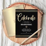 Bar Mitzvah Zwart Goud Folie Tallit Script Modern Informatiekaartje<br><div class="desc">Wees trots, verheug je en laat deze mijlpaal van je favoriete Bar Mitzvah zien! Voeg dit prachtige, moderne, gepersonaliseerde tussenvoegsel toe voor extra informatie aan uw gebeurtenis. Graphic faux gold folie kalligrafie script, Star of David, en hand getekende tallit lijnen bedekken een rijke, dramatische, zwarte achtergrond. Een faux gouden ster...</div>