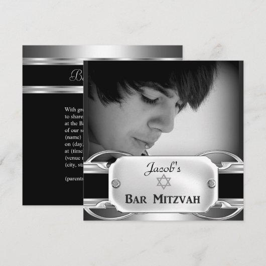 Bar Mitzvah Zwart Zilver Metaal Mannelijk Kaart (Voorkant / Achterkant)