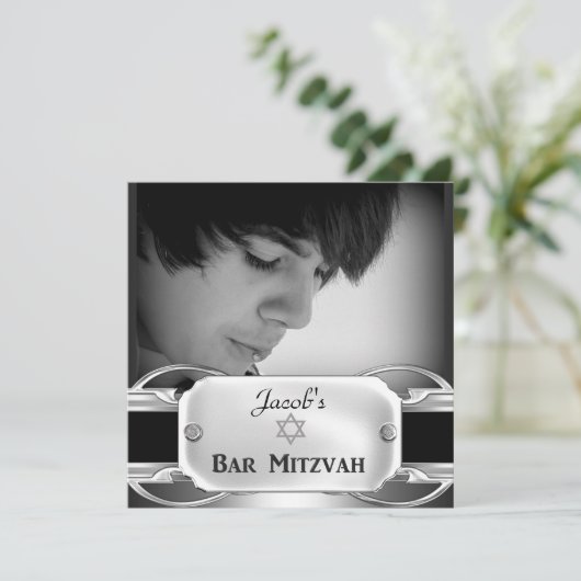 Bar Mitzvah Zwart Zilver Metaal Mannelijk Kaart (Staand voorkant)
