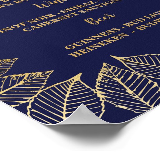 Bar Navy Gouden Bladeren Bord Bruiloftsreceptie Poster (Hoek)