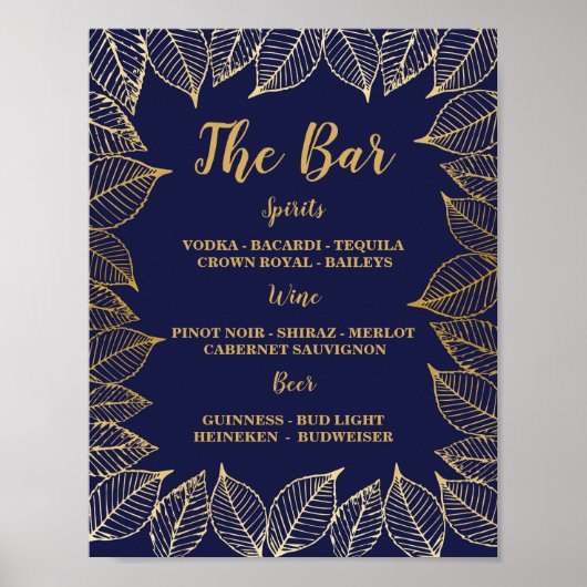 Bar Navy Gouden Bladeren Bord Huwelijksreceptie Poster (Voorkant)