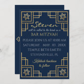 Bar of Bat Mitzvah Blue in Gold Art Deco Kaart (Voorkant / Achterkant)