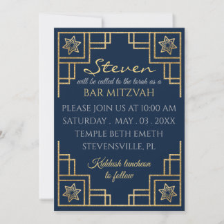 Bar of Bat Mitzvah Blue in Gold Art Deco Kaart
