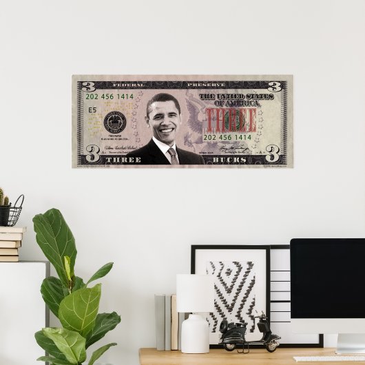 Barack Obama $3 Bill Poster (Thuiskantoor)