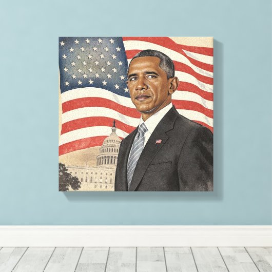 Barack Obama in front of American Flag and Capitol Canvas Afdruk (Insitu (Houten vloer))