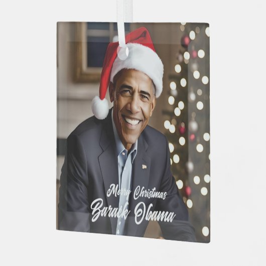 Barack Obama in Santa Hat Kerstmis Glas Ornament (Voorkant links)