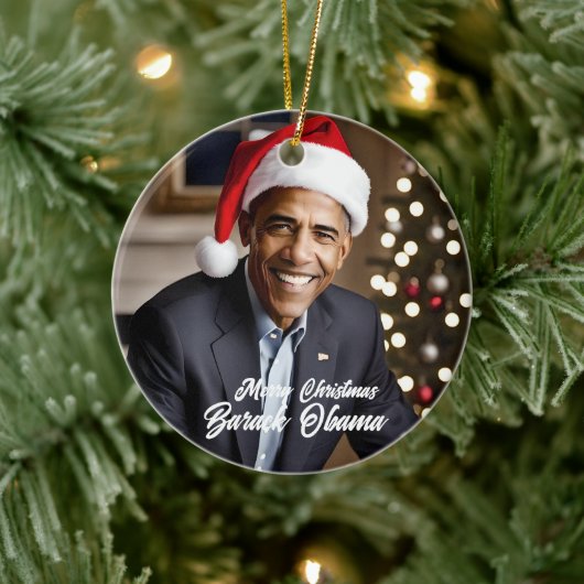 Barack Obama in Santa Hat Kerstmis Keramisch Ornament (Boom)