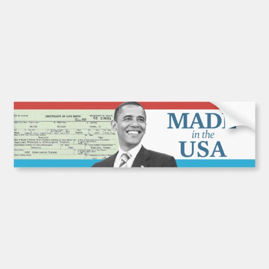Barack Obama Made in USA Birth Certificate Bumpersticker (Voorkant)