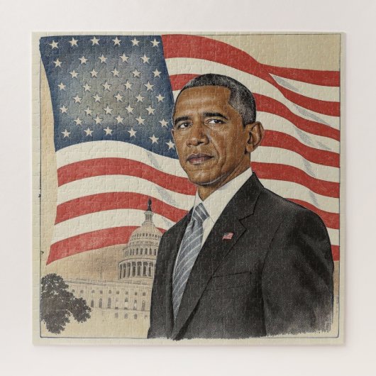 Barack Obama voor de Amerikaanse vlag en het Capit Legpuzzel (Verticaal)