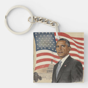 Barack Obama voor de Amerikaanse vlag en het Capit Sleutelhanger