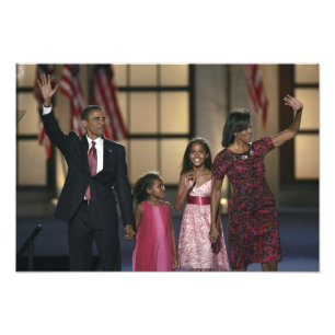 Barak Obama familie zwaait op de laatste avond van Foto Afdruk