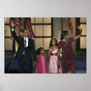 Barak Obama familie zwaait op de laatste avond van Poster