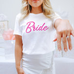 BARB Hot Pink Doll Thape Bride Babe Bachelorette T-shirt<br><div class="desc">Deze bruid bachelorette t shirt heeft een hot pink doll thema lettertype met het woord 'bruid' Bestel de witte bruid optie voor de bruid-to-be en de coördinerende hot roze 'babe' shirten voor uw bachelorette groep. Kleuren zijn bewerkbaar! Klik op 'ontwerp bewerken' om je eigen kleuren te creëer.</div>