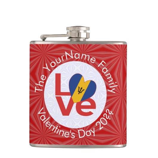 Barbadian LOVE Heart Flag Valentijn gepersonalisee Heupfles (Voorkant)