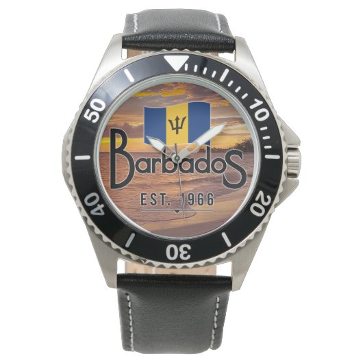 "Barbados Est. 1966" Sunset With Barbados Flag Horloge (Voorkant)