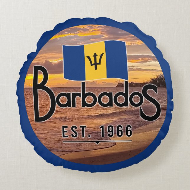 "Barbados Est. 1966" Zonsondergang met de vlag van Rond Kussen (Voorkant)