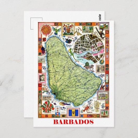 Barbados, kaart van het eiland, toeristische attra (Voorkant / Achterkant)