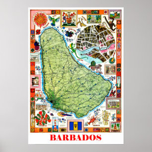 Barbados, kaart van het eiland, toeristische attra poster