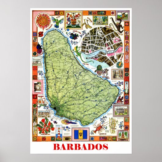 Barbados, kaart van het eiland, toeristische attra poster (Voorkant)