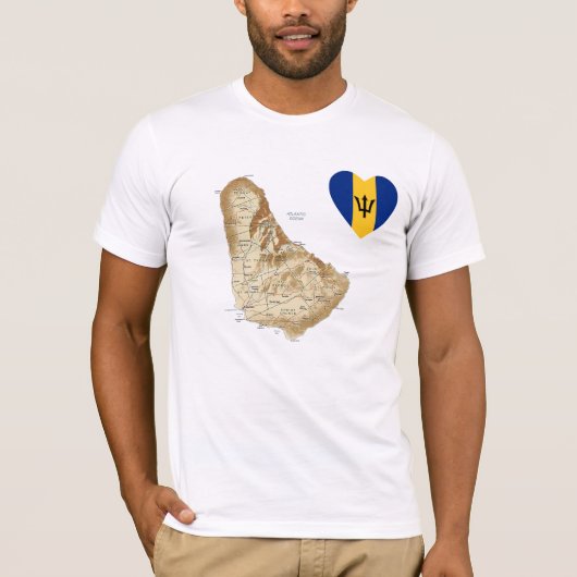Barbados Vlag Hart + Kaart T-shirt (Voorkant)