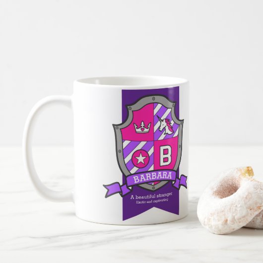 Barbara letter B crest roze unicorn naam Koffiemok (Met donut)