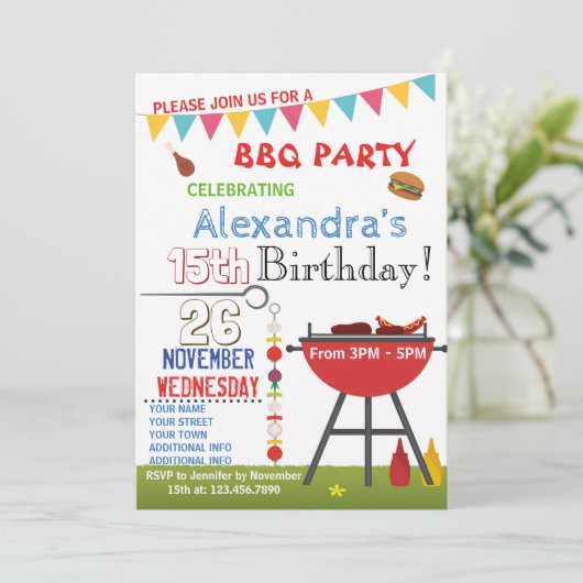 BARBECUE BIRTHDAY INVITATIE VOOR NUCHTIG GEBRUIK KAART (Staand voorkant)