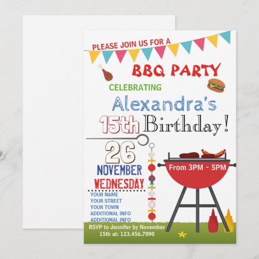 BARBECUE BIRTHDAY INVITATIE VOOR NUCHTIG GEBRUIK KAART (Voorkant / Achterkant)