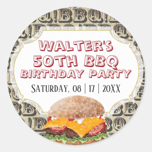 Barbecue Cheeseburger elke leeftijd Verjaardag Ronde Sticker (Voorkant)